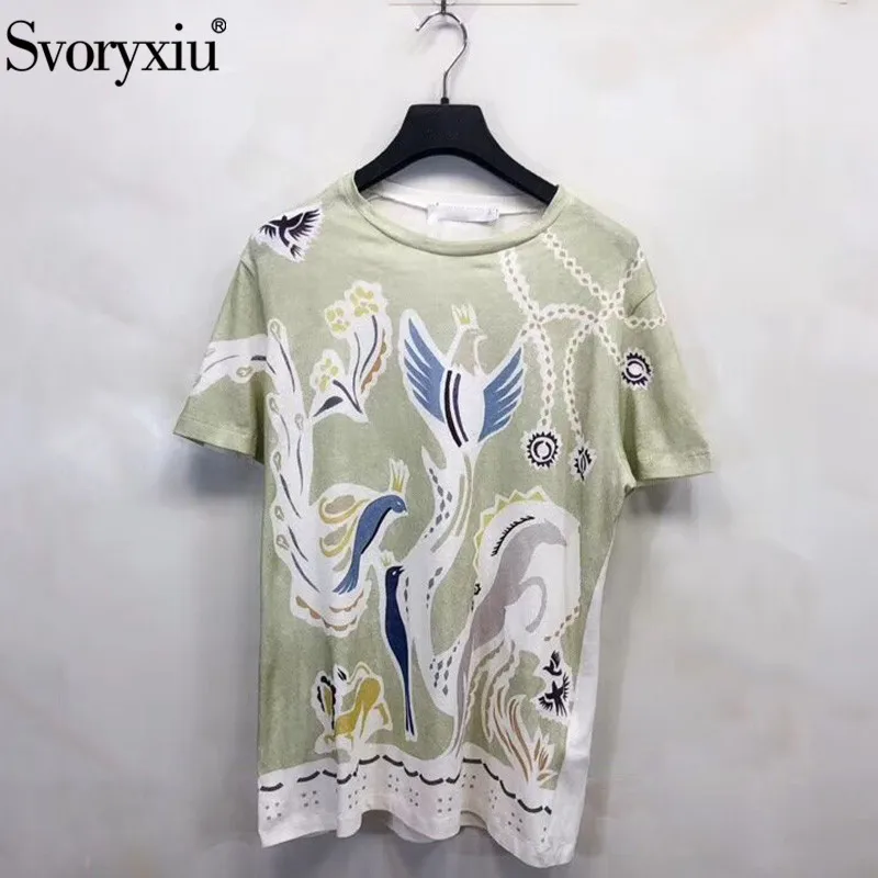

Svoryxiu Designer High End Cotton Summer Short Sleeve T Shirts Women's Hand Painted Pattern Printing Fashion Tees Tops