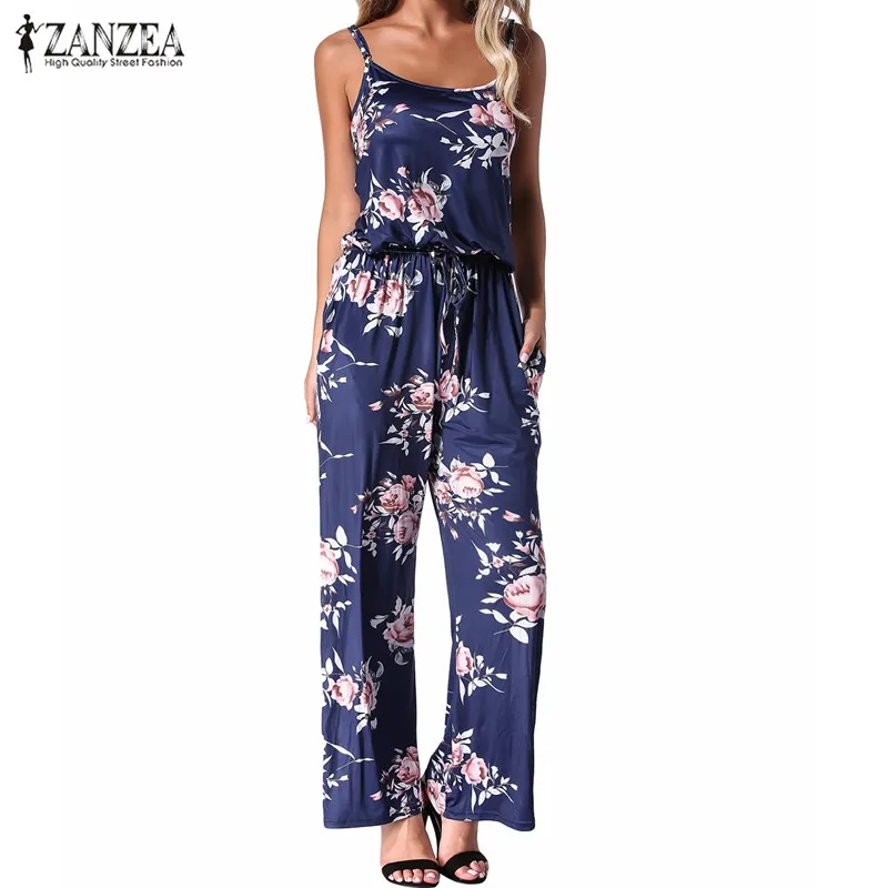 2019 الصيف النساء مثير عارية الذراعين السروال القصير حللا عارضة مستقيم الأزهار طباعة طويل بنطال ذو قصة أرجل واسعة Playsuits جيوب داخلية