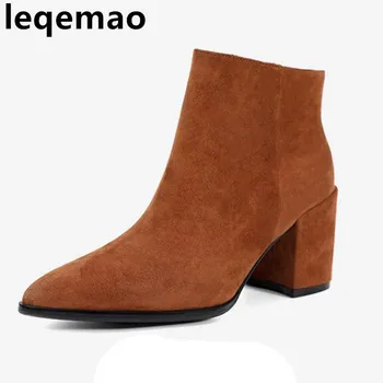 

New Fashion wine red brown Point Toe Shoes real kid Suede Ankle Boots women chunky high heels chelsea short martin boots 35-40