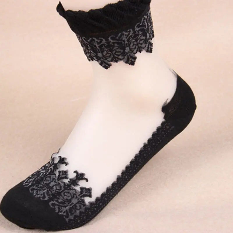 Женские Элегантные ультратонкие прозрачные кружевные эластичные короткие носки черные кружевные
