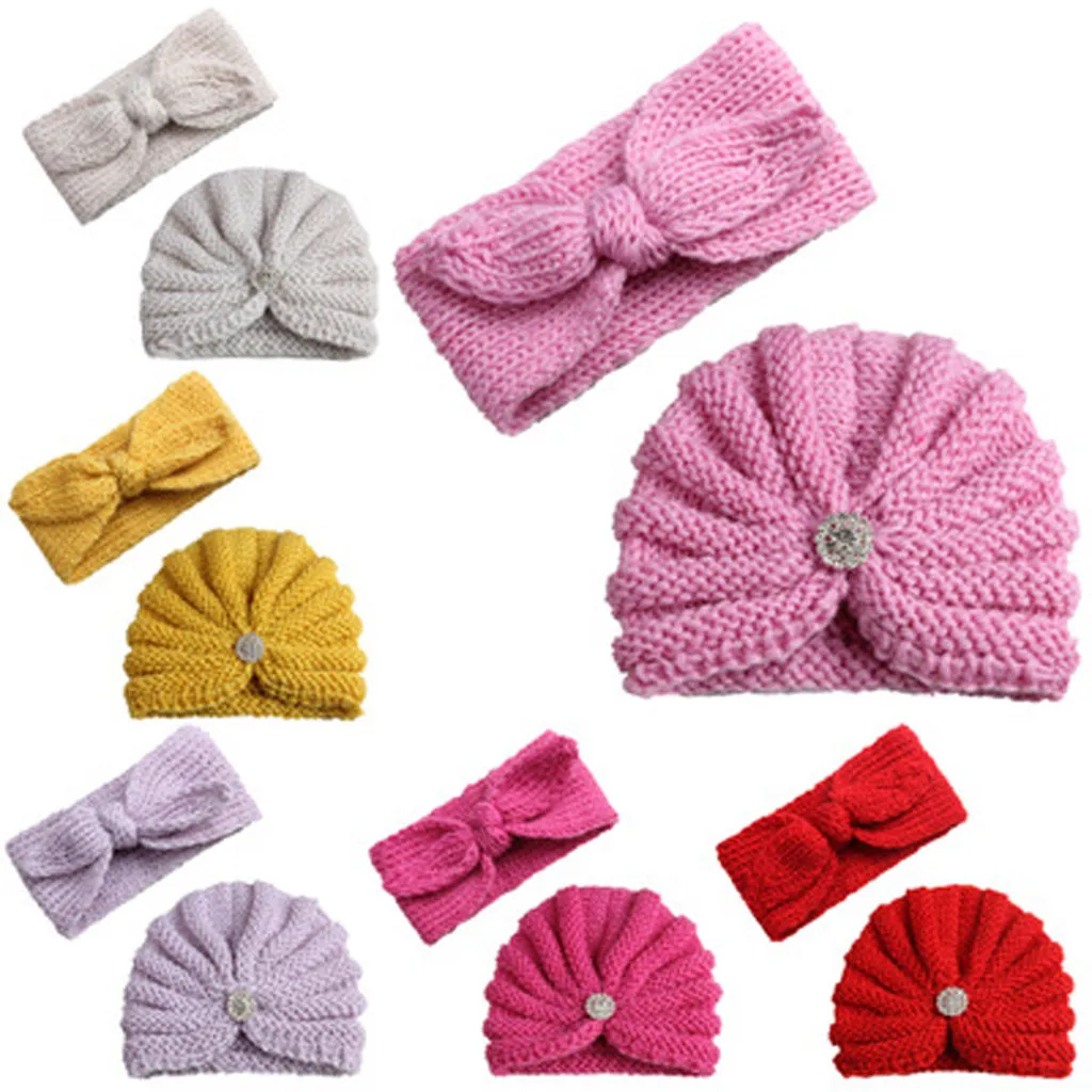 Вязаная шапка-тюрбан для новорожденных мальчиков и девочек, повязка на голову, шапка головной убор, шапка с бантом, шерстяная повязка для волос, аксессуары для волос, комплекты из двух предметов