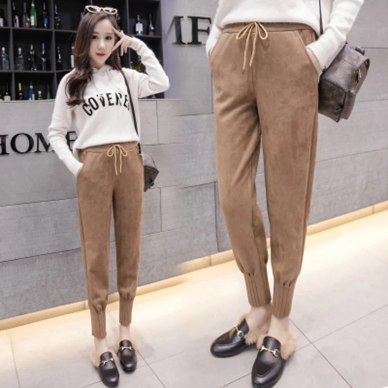 

2023 Autumn Winter Warm Female Suede Pants Women Stretch High Waist Drawstring Harem Pants Casual Slim Trousers Woman