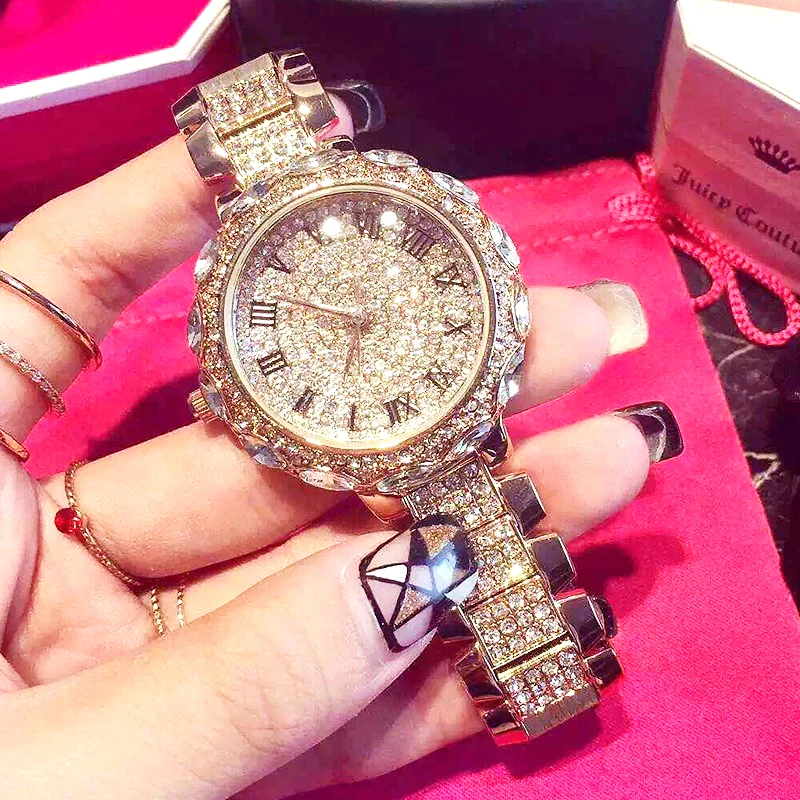 Ladies Watches full diamond stone Waterproof Large dial Roman Numerals Quartz wrist watch with diamond steel watchband Ladies Watches full diamond stone Waterproof Large dial Roman Numerals Quartz wrist watch with diamond steel watchband