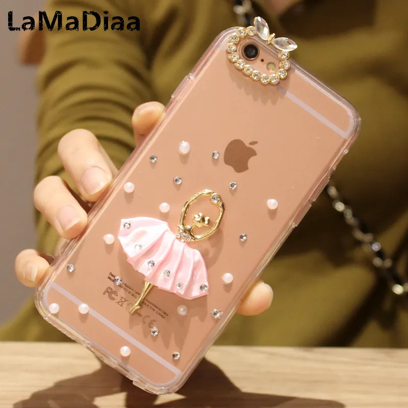

LaMaDiaa Bling Diamond Rhinestone and Pearl Ballet Girl Phone Case for Samsung Galaxy S5 S6 S7 edge S8 S9 Plus Note 9 Back Cover