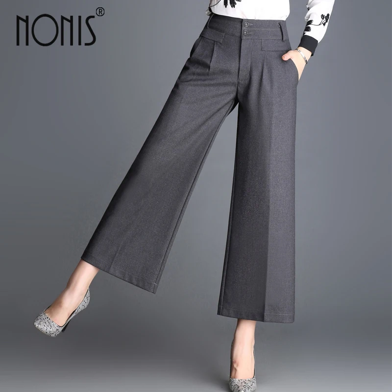 Nonis Wide leg capris pant for women 2017 mid waist ladies casual