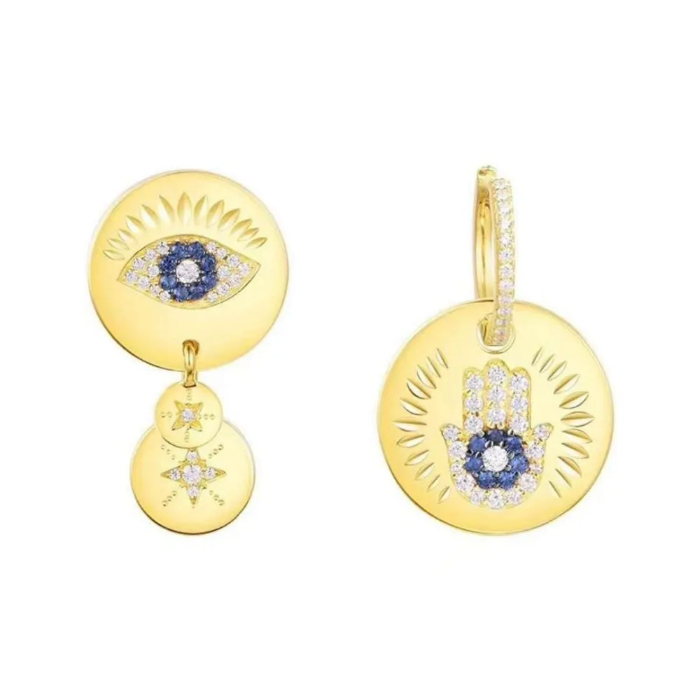 

Famous Zircon Eye Palm Gold Medal Earrings solid 925 sterling silver Monaco Jewelry Round Disk earrings for women brithday gift