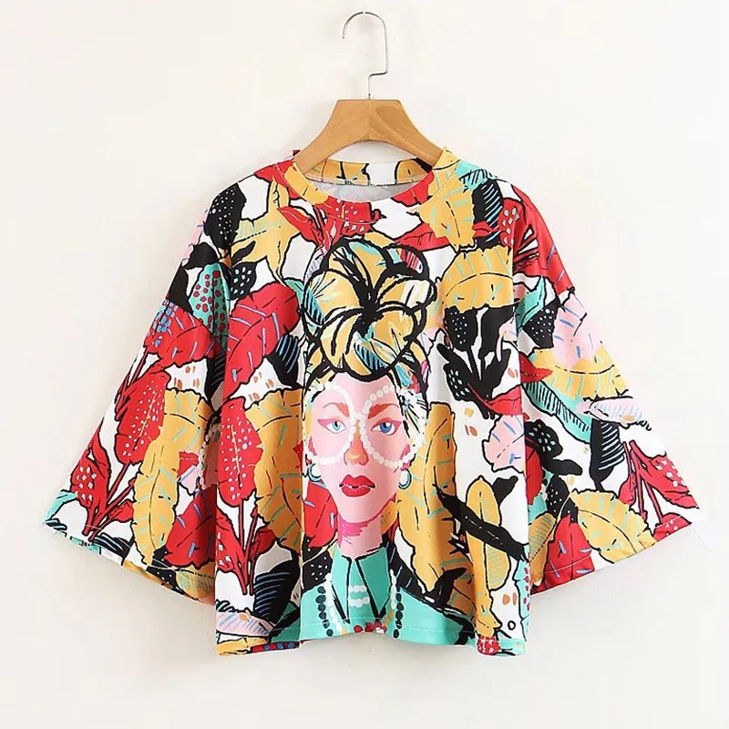 

Character Print Flare Long Sleeve Women Blouse Loose Casual Streetwear Woman's Shirt Autumn Summer Female Fashion Clothing