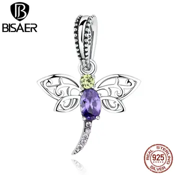 

925 Sterling Silver Dragonfly Insects Purple Charms Pendants Fit BISAER Bracelets for Women S925 Fashion Jewelry ECC048