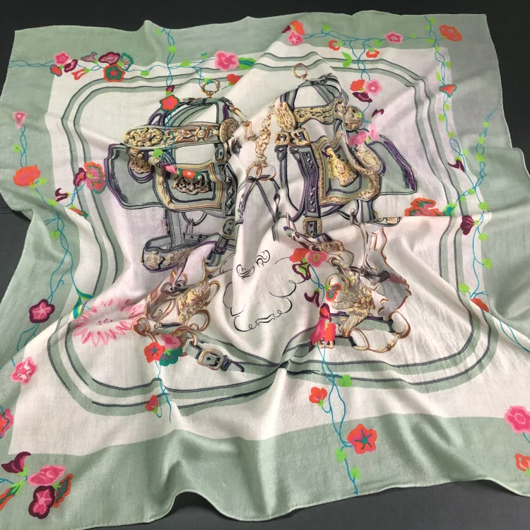 

Saddle Floral Scarf Women 300s Pure Cashmere Winter Spring Scarves Luxury Brand Design Shawls Wraps Handmade Hemming 90*90cm