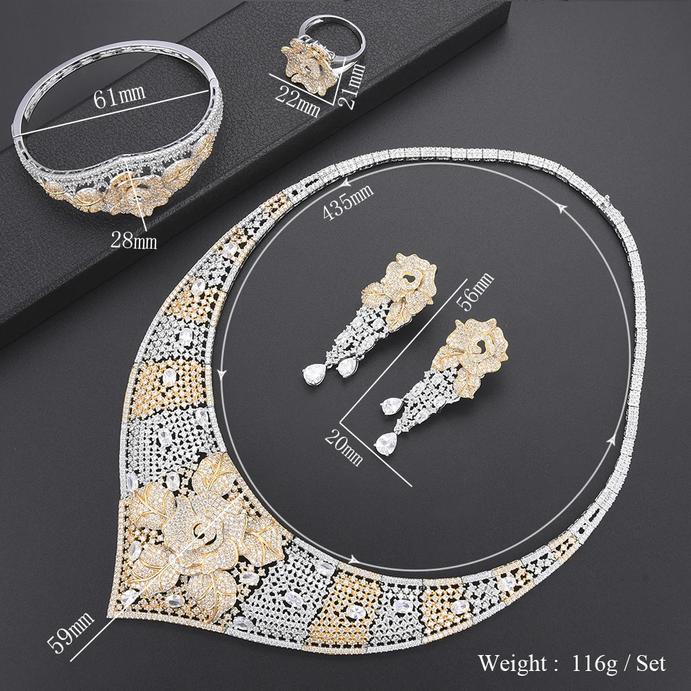 

Luxury Flower Hollow African Nigerian Wedding Jewelry Sets dubai Collar Indian Necklace Earrings Set Bangle Ring FashionJewelry