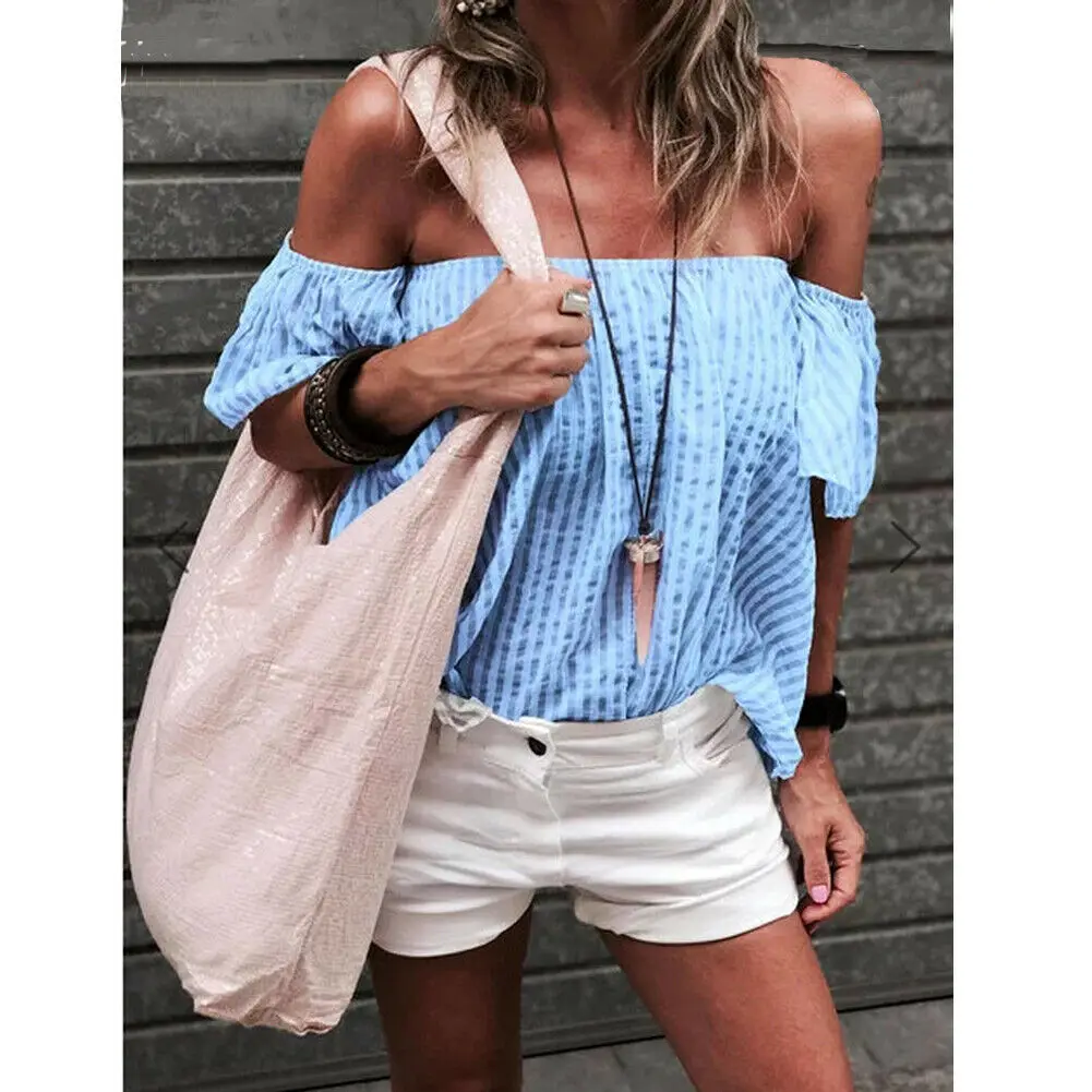

Hirigin Summer Casual Women's Off Shoulder Tops Short Sleeve Shirt Blouse Loose Striped Top Blouse blusas mujer de moda 4 Colors