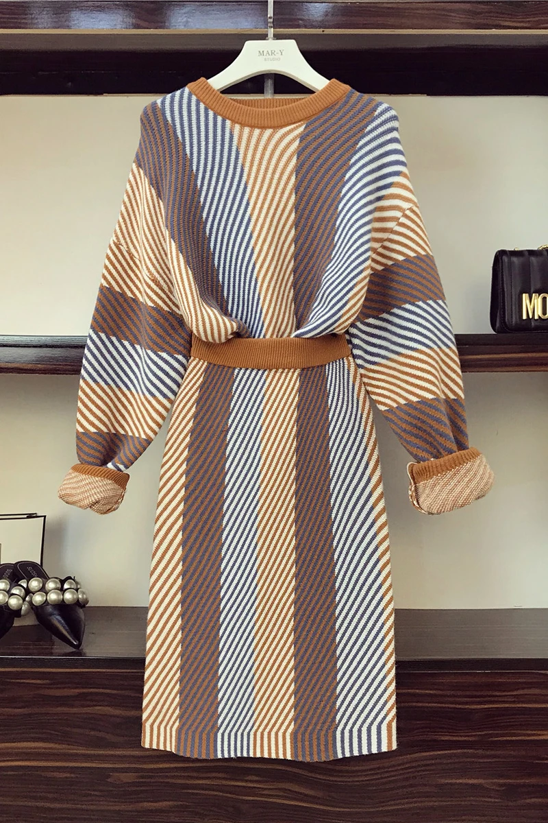 Новая Осенняя мода женские наборы цветной блок полосатый вязаный Топ+ Высокая талия тонкая юбка-карандаш, подчеркивает бедра женский костюм