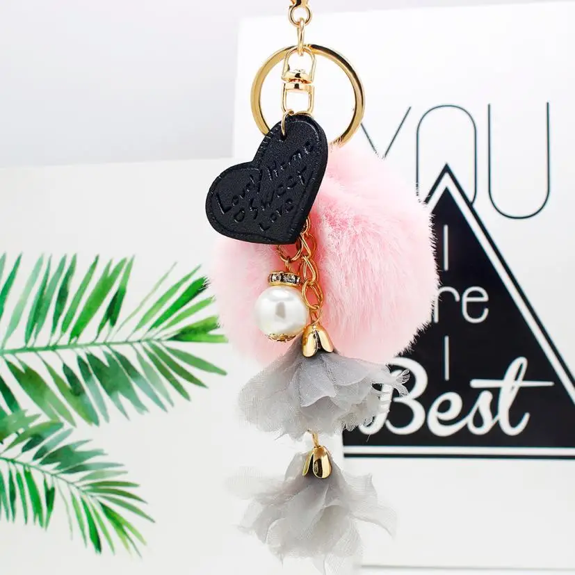 

GEMIXI Heart-shaped Tassel Fur Ball Keychain Bag Plush Car Key Ring Car Key Pendant 4.9