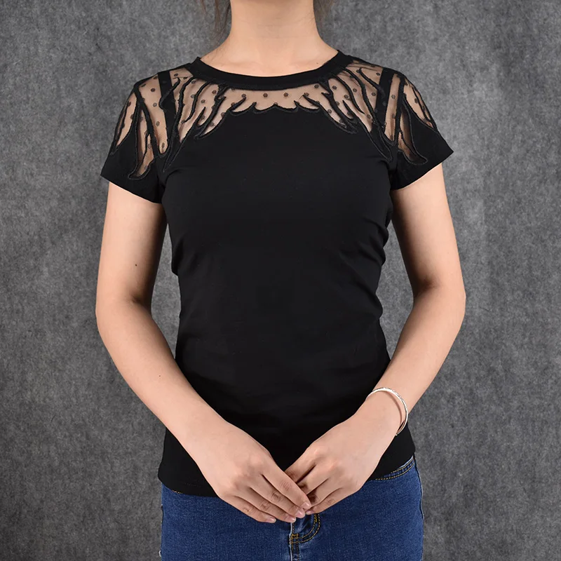 

Sexy Ladies Summer Tops Tees Hollow Feather Print Elegant 2016 New Style Short Sleeve Casual Slim Lace Female T-shirts