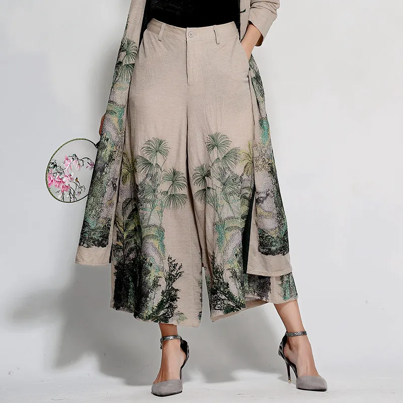 

High-end women floral loose cotton pants Chinese style vintage royal embroidery lady black/khaki wide-leg trousers female M-XXL