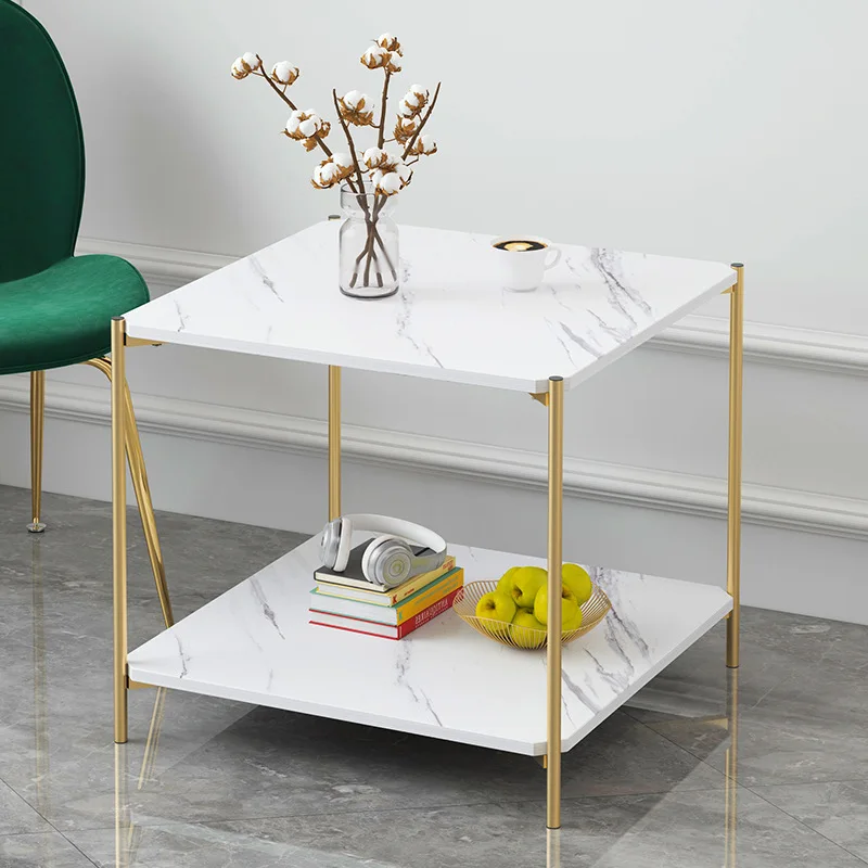  Coffee Table Living room Sofa Side Table Marble texture Wood Double layer Square Table Small end Ta