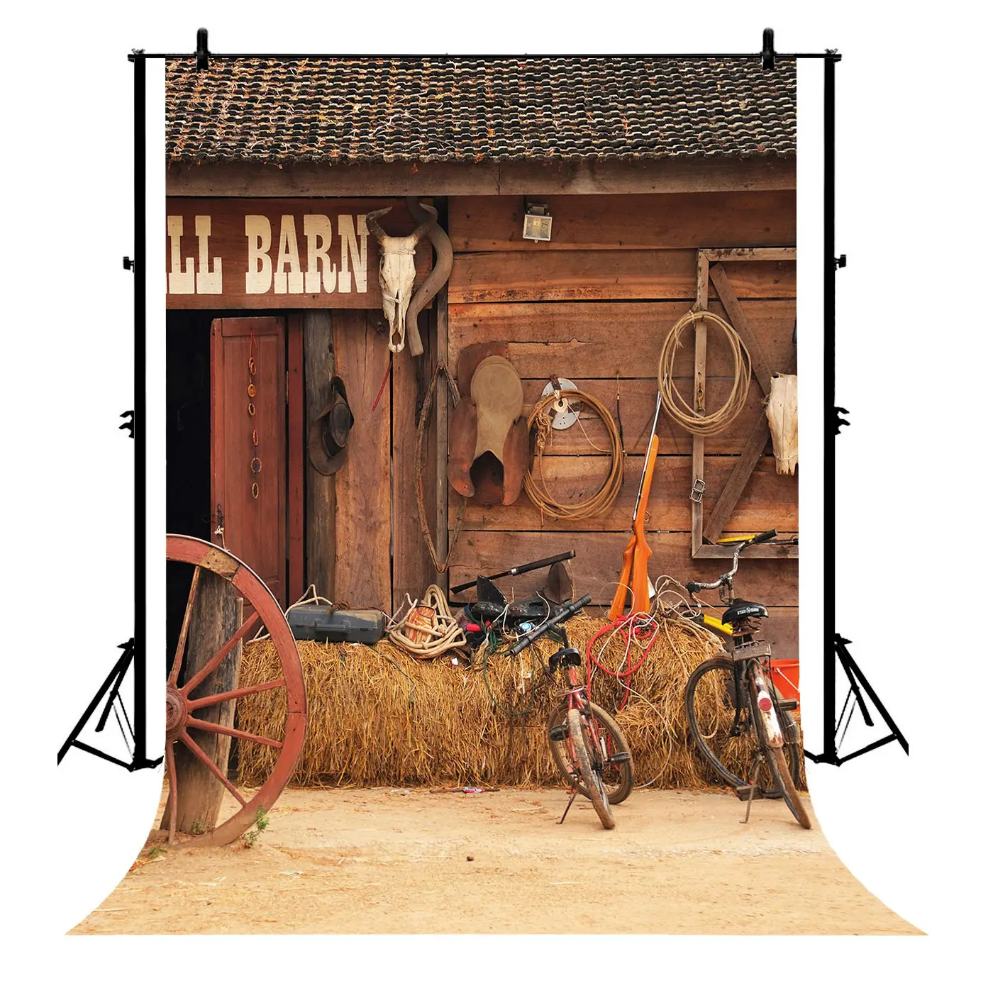

5x7ft Farmland Old Barn West Cow Vintage Wheel Straw Hay Bale Polyester Photo Background Portrait Backdrop