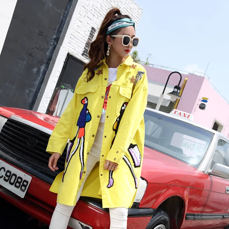 

2018 autumn new tide brand ripped patch female long windbreaker jacket coat