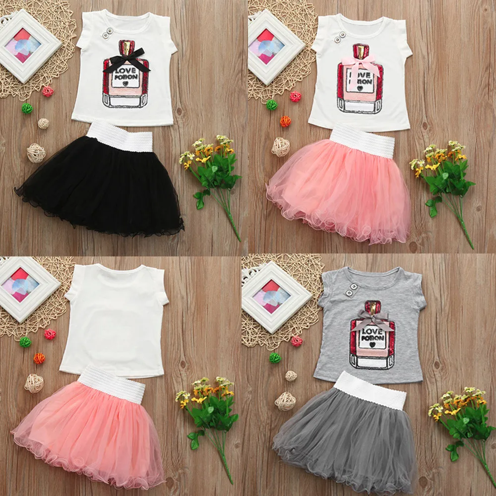 

2018 Spring Summer Kids Clothing Set Toddler Baby Girls Skirt perfume bottle Letter Sequins Tops Tutu Dress Outfits Clothes