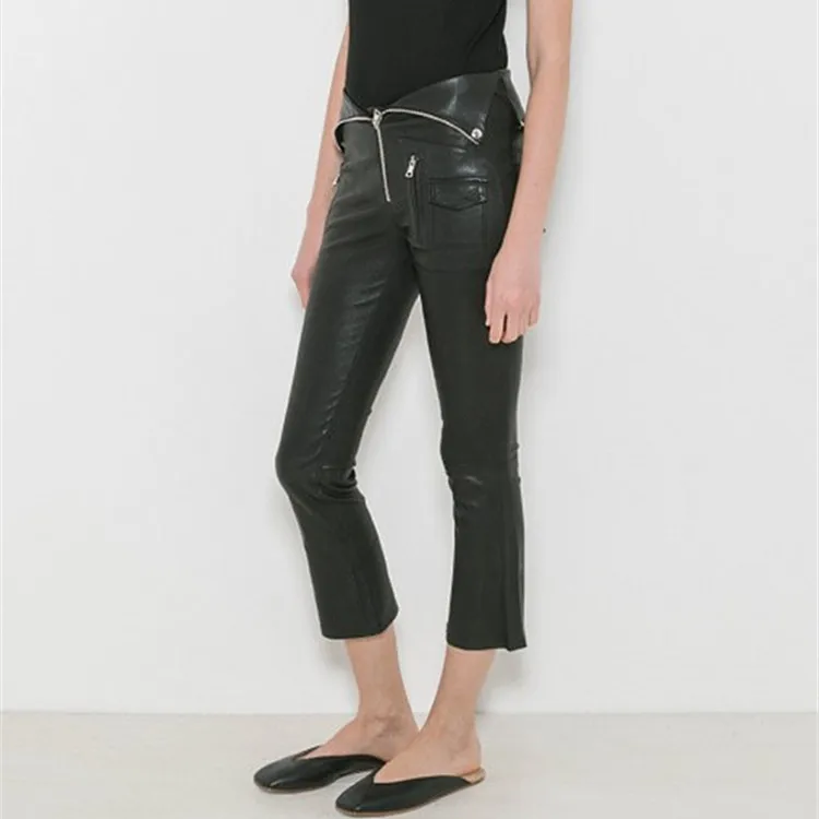 Модные лакированные брюки из искусственной кожи с отстрочкой, женские зимние брюки на молнии, модель 2017 года, узкие брюки из искусственной