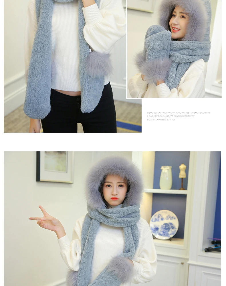 New Korean Version Of The Bib Hat Thick Warm Scarf Hat Gloves Three Pieces One Large Fur Collar Three-Piece Set For Women SN53 (14)