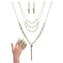 BeUrSelf Luxury Crystal Jewelry Set Multilayer Pendant Long Tassel Necklace Natural Shell Drop Earring Adjustable Beaded Bangle multilayer tassel diamante jewelry set