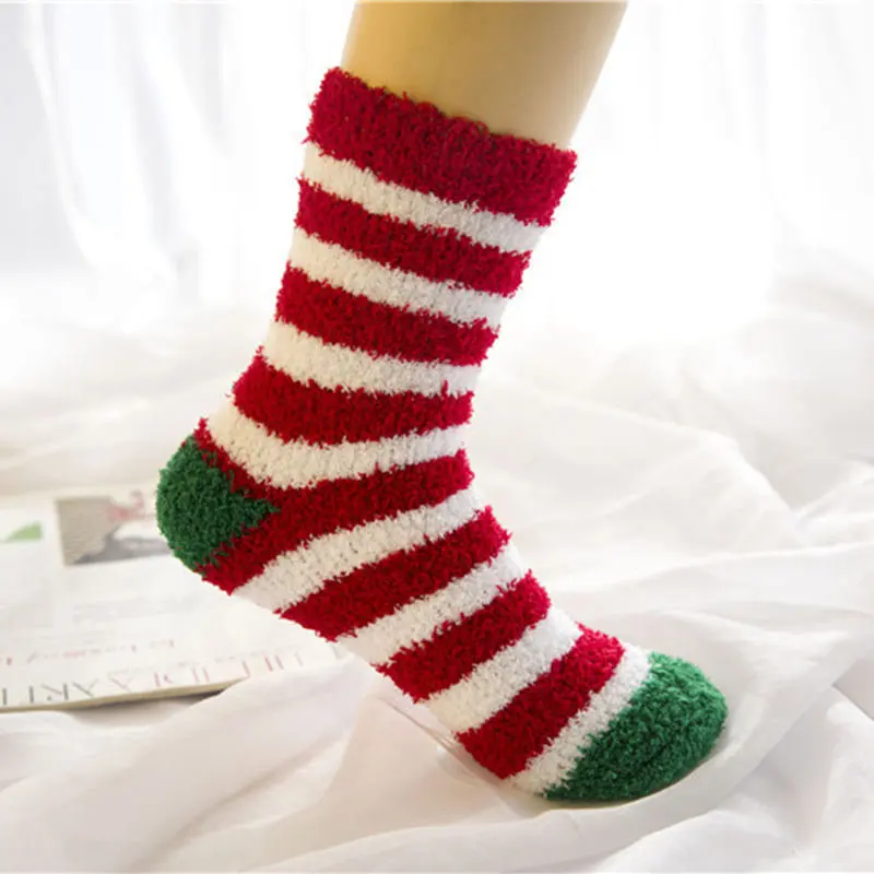 4Coral Fleece Women Christmas Socks Super Soft Warm Ladies Winter Extra Thick Stocking Striped Santa Claus Tree Pattern Socks