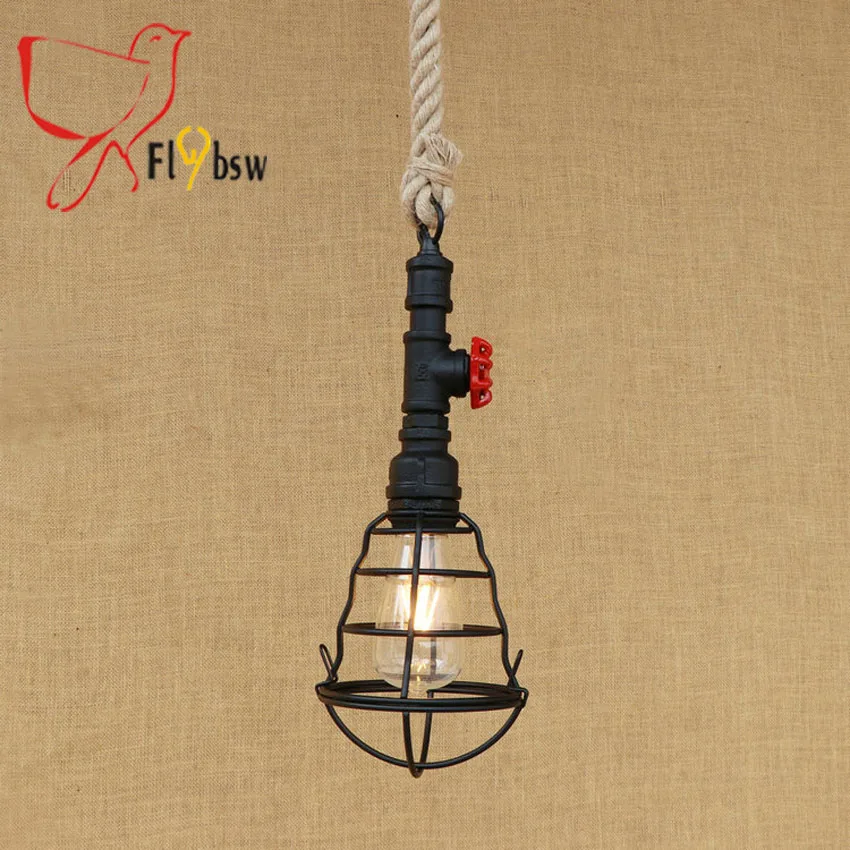 Nordic vintage black water pipe pendant light,retro creative hemp rope