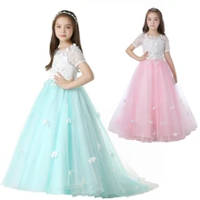 

Free Shipping 4-12 Years Kids Party Dress 2018 New Arrival Patchwork Short Sleeves Flower Girl Dresses With Train Princess Gowns