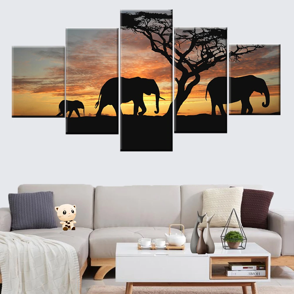 

5 pieces African elephant sunset landscape poster canvas painting wall art HD print modular living room decorative frame