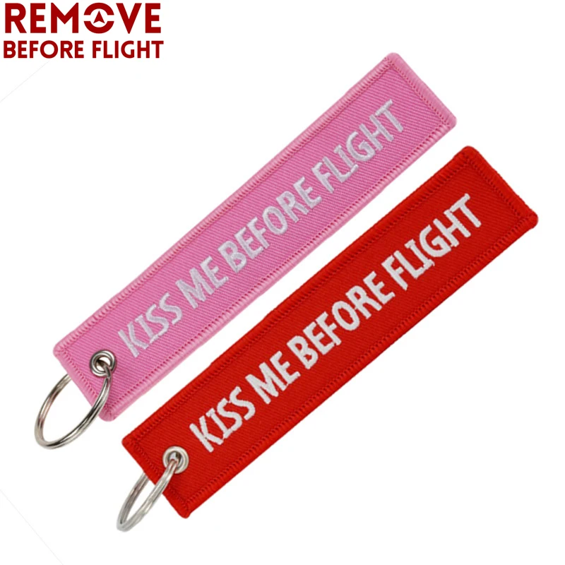 

1Pair Kiss Me Before Flight Key Ring Pink Red Embroidery Keyring OEM Key Chains Friend Couple Jewelry Gifts Bijoux