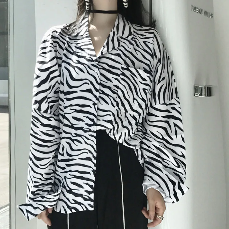 

Women long-sleeve shirt loose 2019 new spring and autumn Korean style female shirt black white personality zebra pattern c04