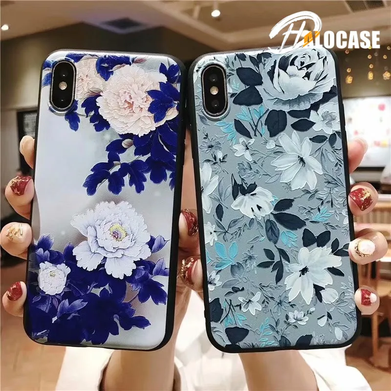 

Luxury 3D Emboss Flowers Soft Case for iPhone XS XS MAX XR Cases for iPhone 6 6S 7 8 Plus Painted Soft Silicone Phone Cover