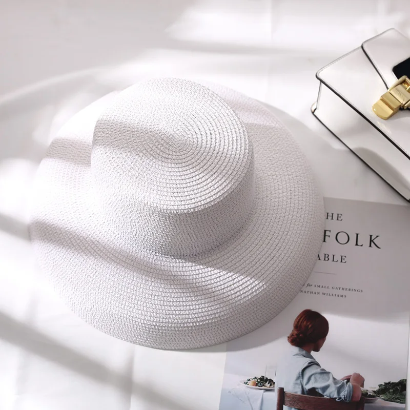 2019 أسود أبيض اليدوية نسج تباع قبعات للحماية من الشمس للنساء الأسود كبيرة حافة القش قبعة في الهواء الطلق شاطئ الصيف قبعات