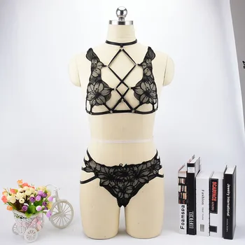 

Sexy Black Lace Harness Set Lace Cupless Cage Bralette Goth Lace Harness Panties Sexy Briefs Women Pole Dance Harness Lingerie