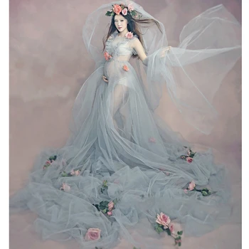 

4pcs/Set Maternity Maxi Dresses for Shooting Long Tulle Maternity Photography Props for Pregnant Women Ruffle Sleeve Gown