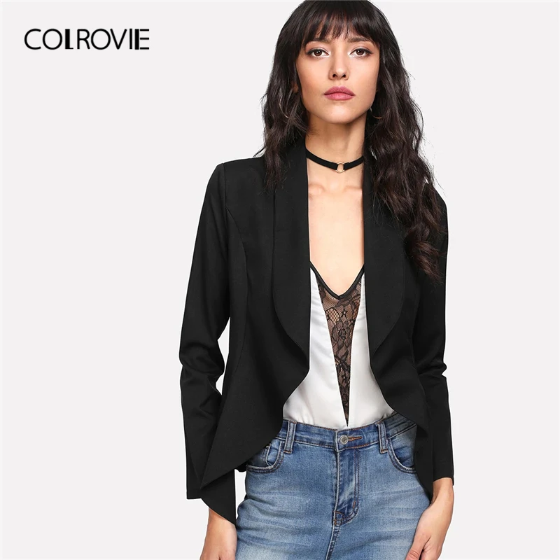 

COLROVIE Black Solid Shawl Collar Open Front Office Blazer Women Clothing 2019 Spring Elegant Ladies Coat Outerwear Casual Coats