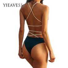 

YIEAVESS Sexy One Pieces Swimwer Women Back Hollow Swimsuit Halter Striped Strap Bandage Swimsuit Women Thick Swimsuit