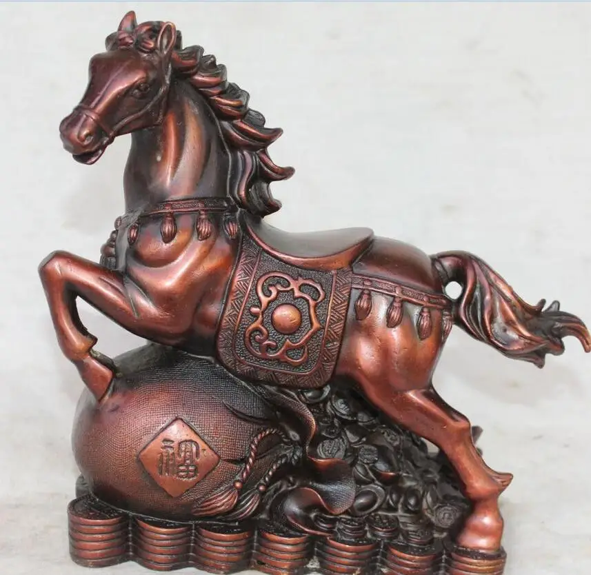 

88006062<<<8"Chinese Bronze Wealth YuanBao Money Bag Successful Running Horse Animal Statue