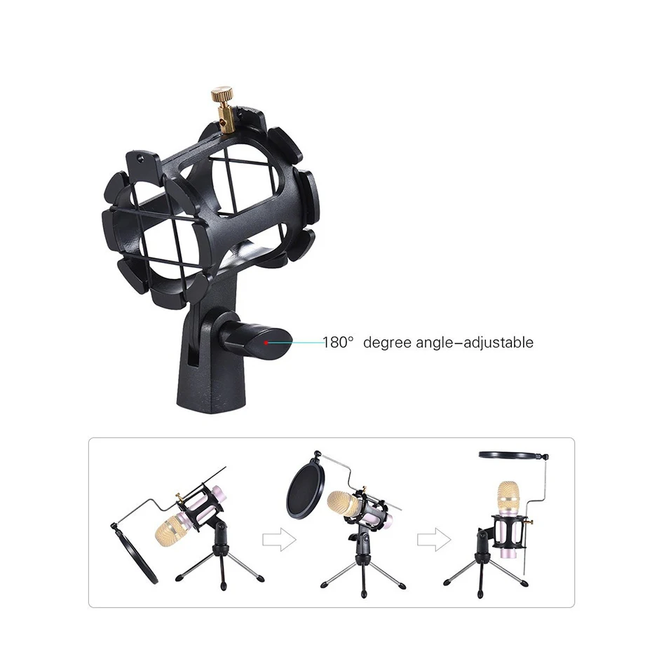 Черная настольная микрофонная стойка KEXU, пластиковая мини микрофонная клипса, держатель штатива с поп-фильтром, двойной сетчатый экран, микроштатив