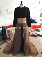 Real Image O-Neck Beaded Sash Long Sleeve Black And Brown Arabic Evening dress 2015 jilbabs and abaya islamic clothing for women
