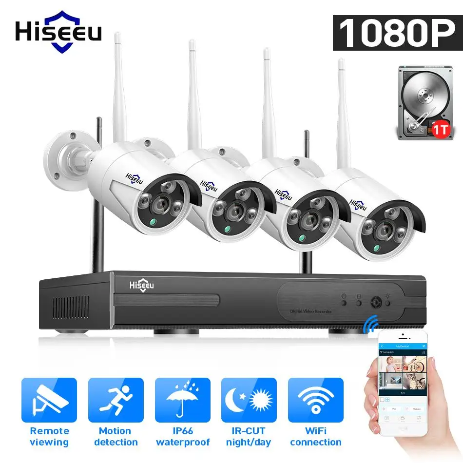 Hiseeu 4CH Беспроводной CCTV Системы 1080P 1 ТБ 4 шт. 2MP NVR IP IR-CUT наружная ip-камера видеонаблюдения безопасности Системы системы видеонаблюдения