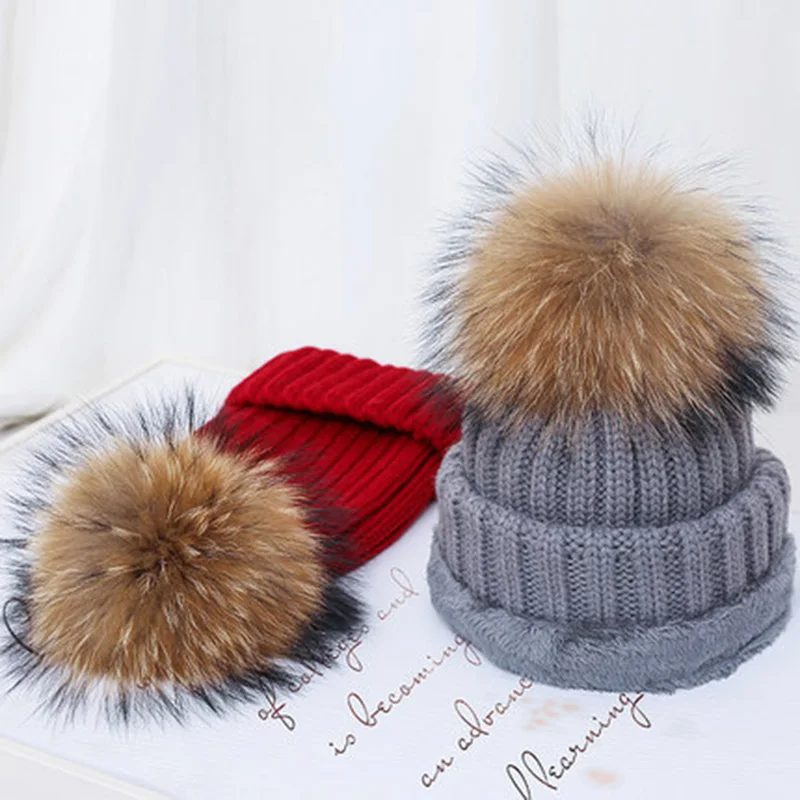 Real Fur Hat Knitted Real fox hair bulb Pom Pom Hat Women Winter Hat Unisex Kids Warm with wool Chunky Thick Stretchy Knit hat