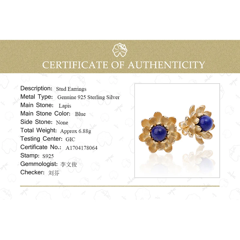 Lotus весело Настоящее стерлингового серебра 925 природных lapiz ручной работы Fine Jewelry