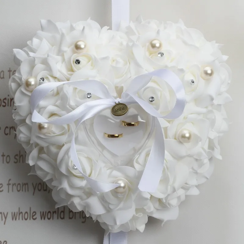 

19 10pcs Heart size White Wedding Favors Elegant Lace Rose Rhinestone Ring Pillow Unique