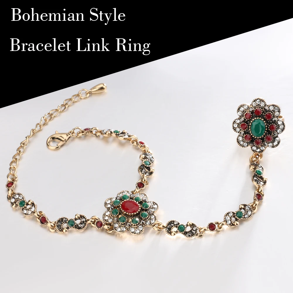 Kinel Дубай ювелирные наборы браслет звено кольца для женщин Античный Золотой, цветной полимерный браслет с цветами из кристаллов и Открытое кольцо