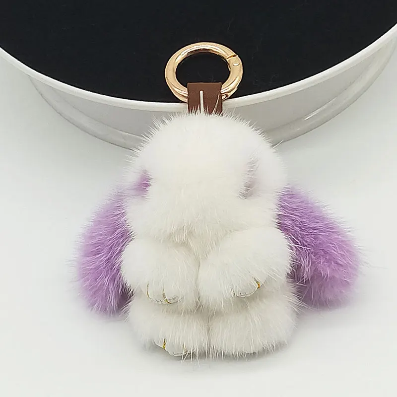 8 см милые настоящие норковые брелки Мини кролик брелок натуральный мех норки сумка кулон дизайн брелок аксессуары - Цвет: White and Purple