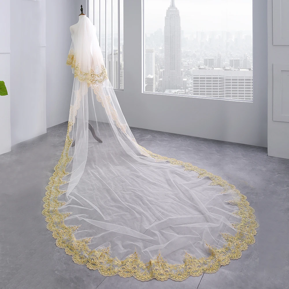 Luxury 3.5M White Ivory Cathedral Wedding Veils Long Sequins Applique Edge Bridal Veil with Comb Wedding Accessories Bride Veil Luxury 3.5M White Ivory Cathedral Wedding Veils Long Sequins Applique Edge Bridal Veil with Comb Wedding Accessories Bride Veil