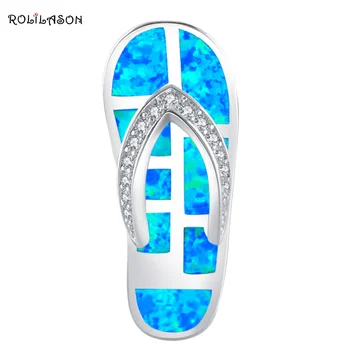 

ROLILASON Flip flops Design Blue Fire Opal 925 Silver Necklace Pendants AAA Zircon Fashion Jewelry for Women OPS686