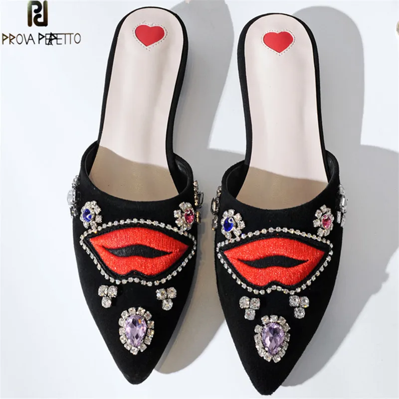 

Prova Perfetto New Women Slippers Rhinestone Red Lips Mules Shoes Woman Pointed Toe Flat Mules Summer ladies Shoes Zapatos Mujer
